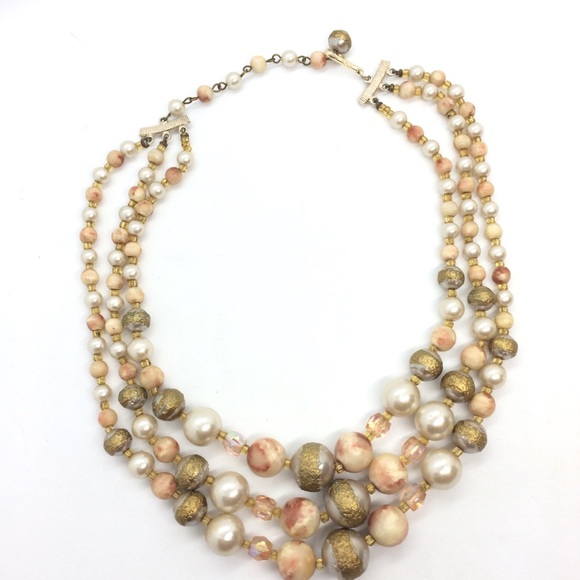 VINTAGE JAPAN 60s BEAD AB AURORA BOUREALIS MULTI LAYER COLLAR CHOKER NECKLACE - Picture 7 of 16